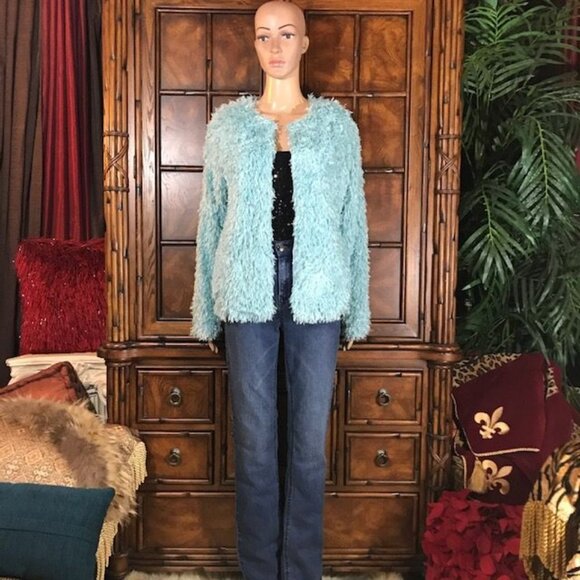 NWOT Colleen Lopez Aqua Faux Feather Jacket - Picture 4 of 13